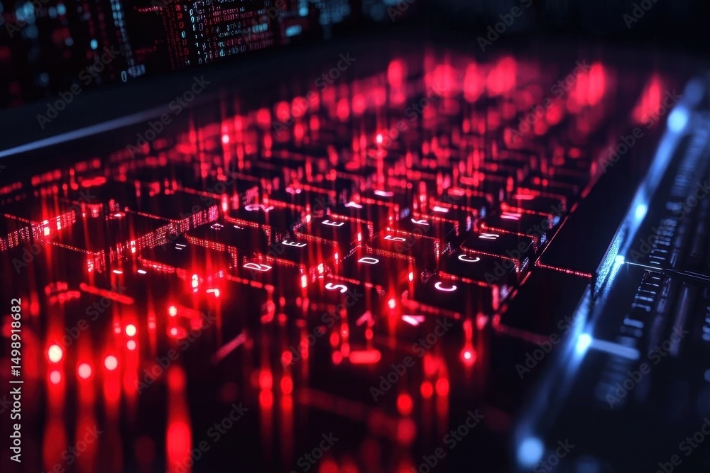 Poster closeup view of a computer keyboard glowing brightly in the dark, highlighting intricate designs and