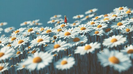 Surreal Field of Oversized Daisies with Tiny Figure Amidst Blooms