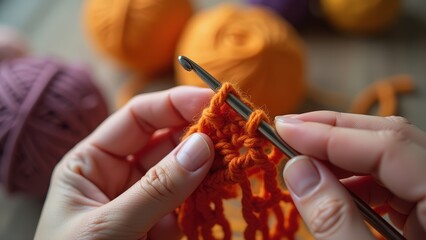 Close-up of hands crocheting with orange yarn and crochet hook.