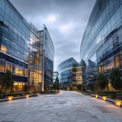 Modern Suburban Office Park with Glass Facades and Greenery