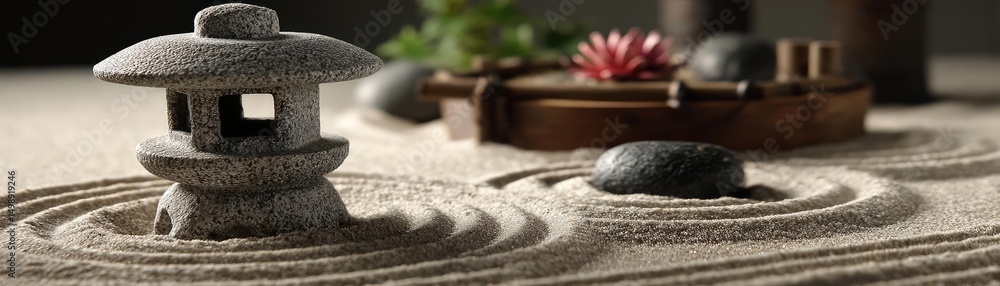 Poster raked sand patterns in tranquility with lantern and lotus concept. zen garden scene with rocks, sand