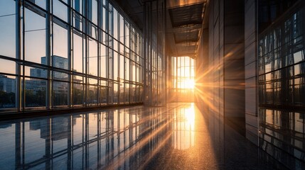 Golden Sunset Rays Filtering Through Large Glass Office Space