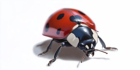 Fototapeta premium Detailed close-up of a red ladybug with black spots on a plain white background