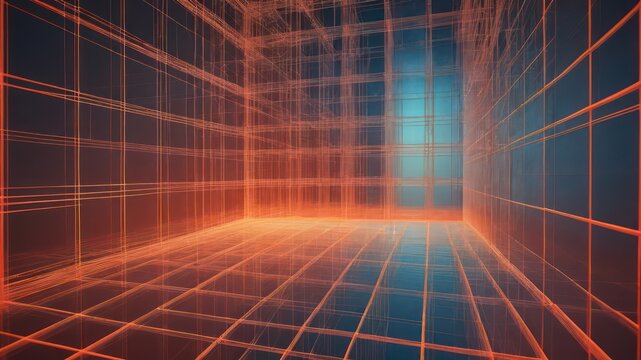 Abstract technological space with a glowing grid framework hinting at connection, digital structures and immersive possibilities