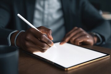 Close-up of man's hand holding an iPad with. The mockup screen on the iPad is a blank white, ready for you to place your design or text.