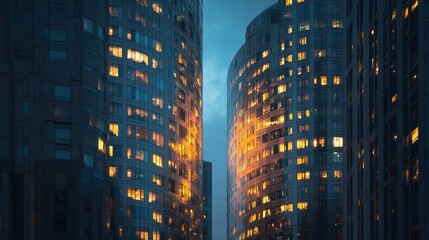 Modern High-Rise Buildings with Shimmering Windows at Dusk