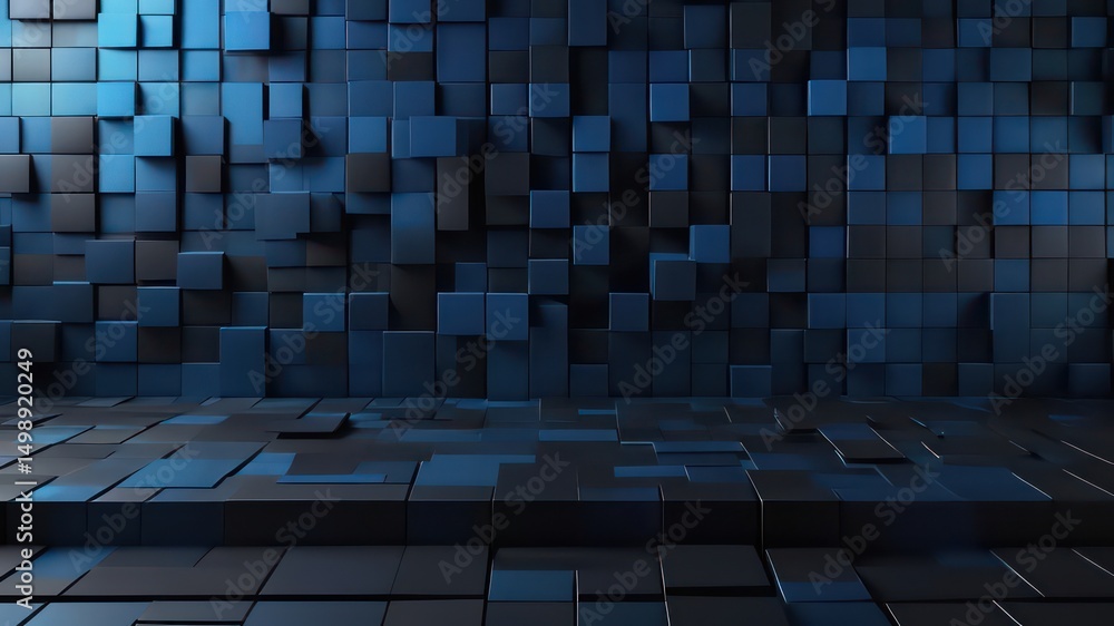 Poster abstract blue and black geometric cube pattern background with dimensional shapes and dark shadows