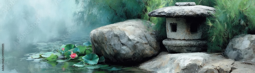 Aufkleber tea pavilion with minimalism and rock by lantern concept. serene pond with rocks and traditional lan