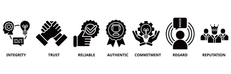 Credibility icon set vector illustration concept with integrity, trust, reliable, authentic, commitment, regard, and reputation icon