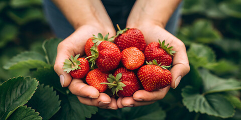 Person holding freshly harvested strawberries in hands at farm  