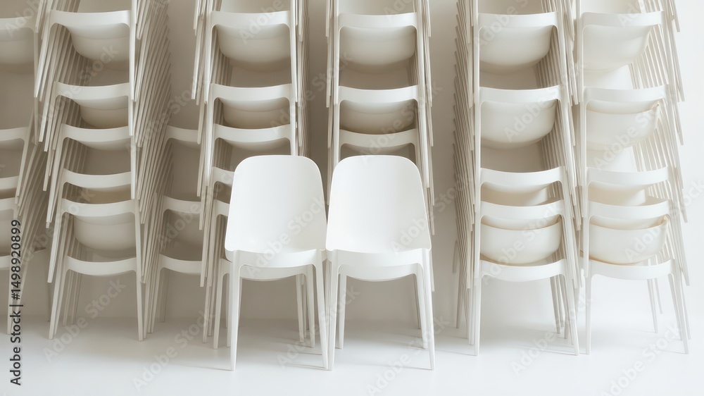 Poster stacks of white chairs neatly arranged, ready for an event or gathering, creating a minimalist and c