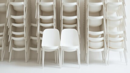 Fototapeta premium Stacks of white chairs neatly arranged, ready for an event or gathering, creating a minimalist and clean aesthetic