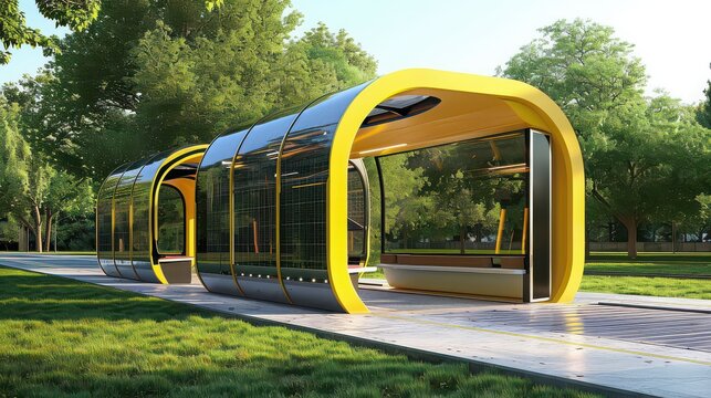 Futuristic bus stop with solar panels and yellow accents in a green park setting on a sunny day