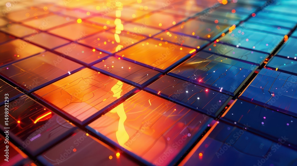 Fototapete abstract rendering of glowing squares with orange and blue hues and small particles scattered around