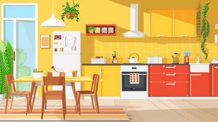 Cheerful kitchen dining area with modern red and yellow cabinetry and a dining table set for two.