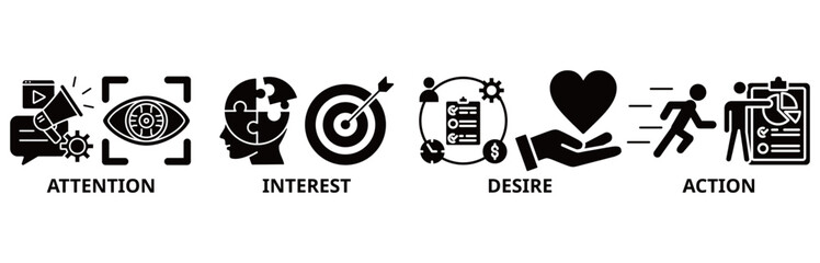 AIDA icon set illustration contain attention, interest, desire and action.