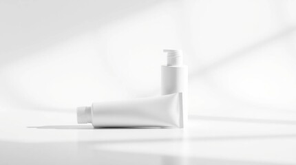 Timeless and elegant mockup of a white cosmetic tube and pump bottle with artistic light casting soft shadows on a clean white background.