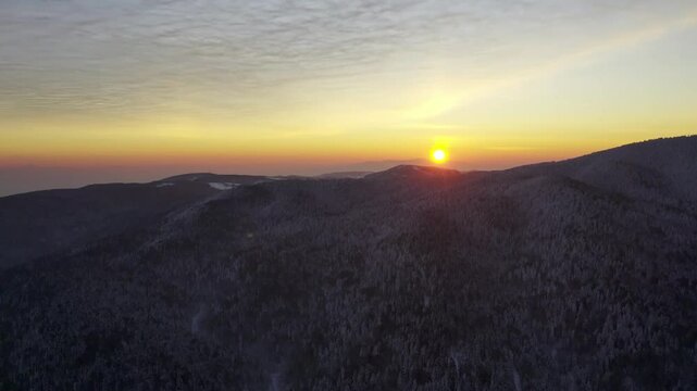 Sunrise over Goc Mountain in Serbia highlights serene winter landscape with snow-covered trees