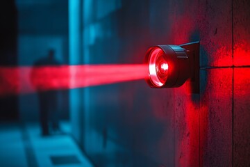 Security Laser Beam in Dark Corridor with Red Light and Shadowed Figure