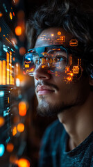 Obraz premium Neobank User Interacts with Financial Data through AR Headset with Floating Graphs