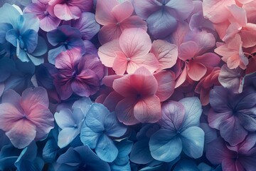 Background with pink and blue hydrangea petals close-up, top view