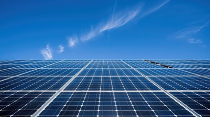 Array of solar panels under a clear blue sky with a wisp of cloud in the upper right corner