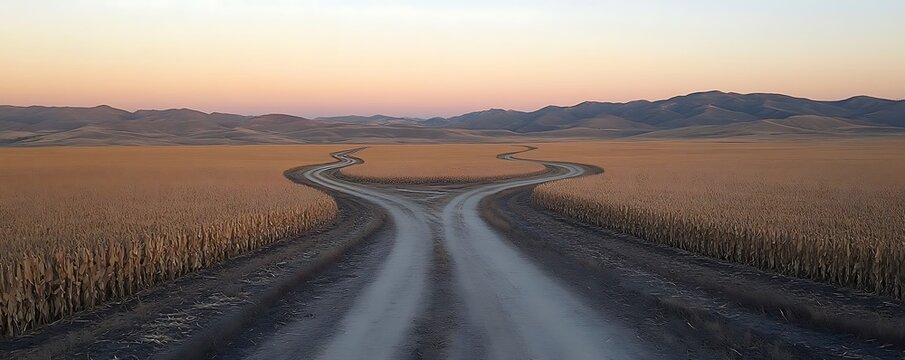 Forking road, sunset field, choice