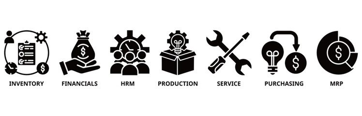 ERP icon set illustration contain inventory, financials, hrm, production, service, purchasing and mrp.