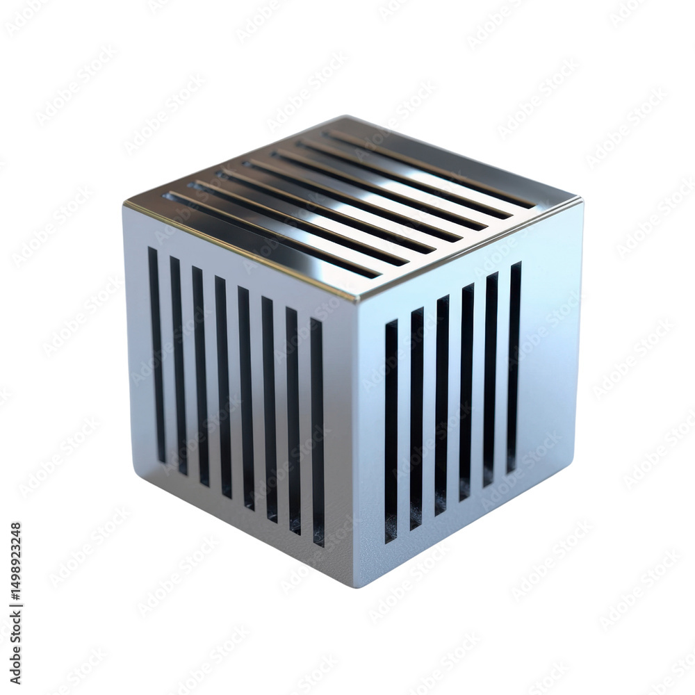 Poster metallic cube with vertical slits displaying modern design aesthetics