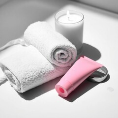 Rolled white towels, pink tube, and candle on a white surface