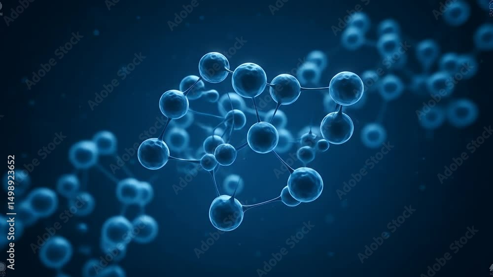 Aufkleber abstract molecular structure with connected spheres on blue background science technology innovation