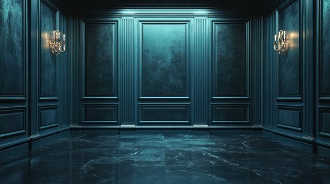 Ornate turquoise chamber with marble floor and elegant candelabras for refined tastes