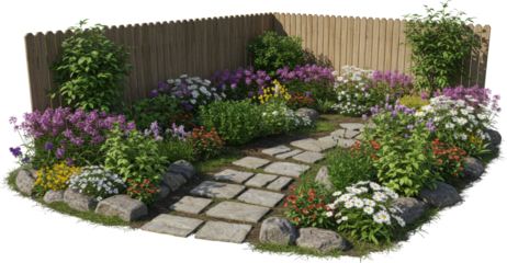 Sunlit Cottage Garden Path with Stone Stepping Stones and Colorful Blooms