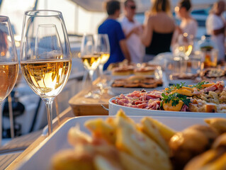 Dinner at a restaurant with a waiter serving wine and food
