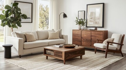 A cozy living room with a light sofa, wooden coffee table, armchair, tall plant, framed art, and large mirror reflecting natural light. Textured rug and warm tones