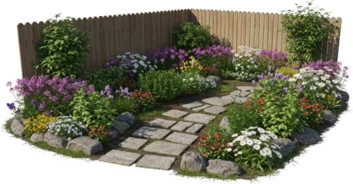 Sunlit Cottage Garden Path with Stone Stepping Stones and Colorful Blooms