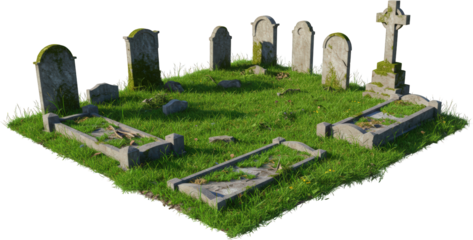 Sunlit Overgrown Graveyard with Mossy Headstones and Celtic Cross