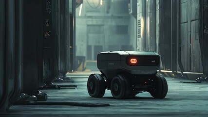 An autonomous delivery robot moves through a sleek industrial corridor, illuminated in a dim glow. - Powered by Adobe