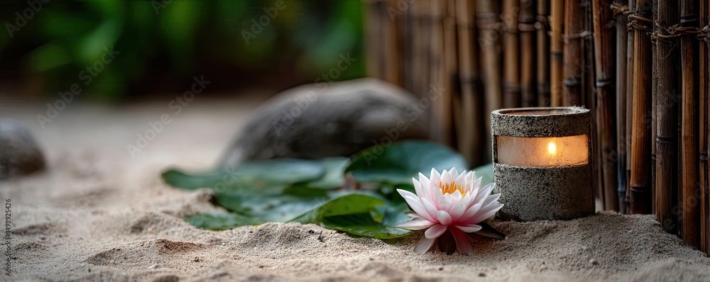 Poster Raked sand patterns in tranquility with lantern and lotus concept. Tranquil scene with candle and lotus flower by bamboo fence.