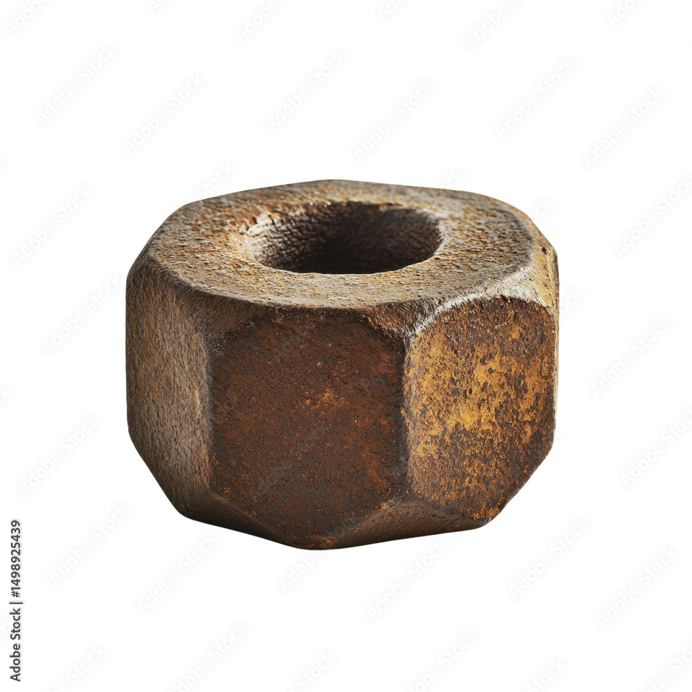Poster close-up of rusty hex nut on a plain background for industrial use