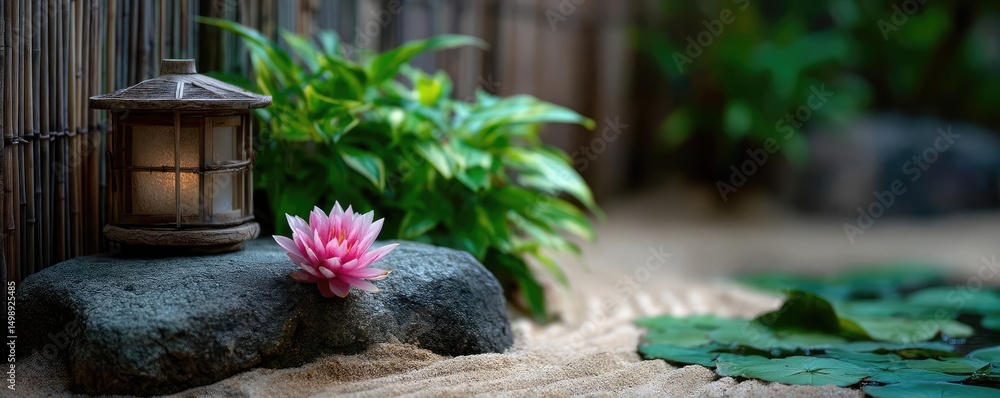 Poster Raked sand patterns in tranquility with lantern and lotus concept. A serene scene featuring a lotus flower beside a lantern and rocks.