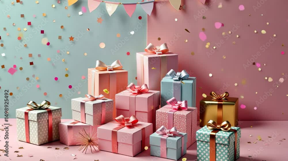 Poster A stack of colorful boxes with pink bows on them. The boxes are of different sizes and colors
