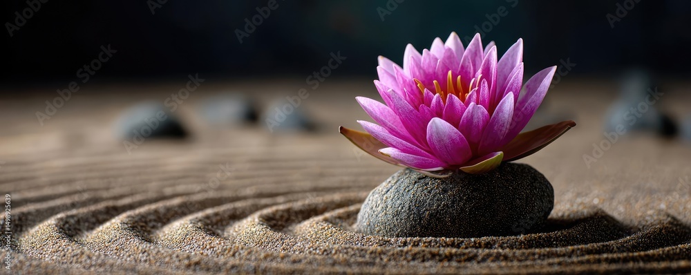 Poster raked sand patterns in tranquility with lantern and lotus concept. a serene pink lotus flower on a s