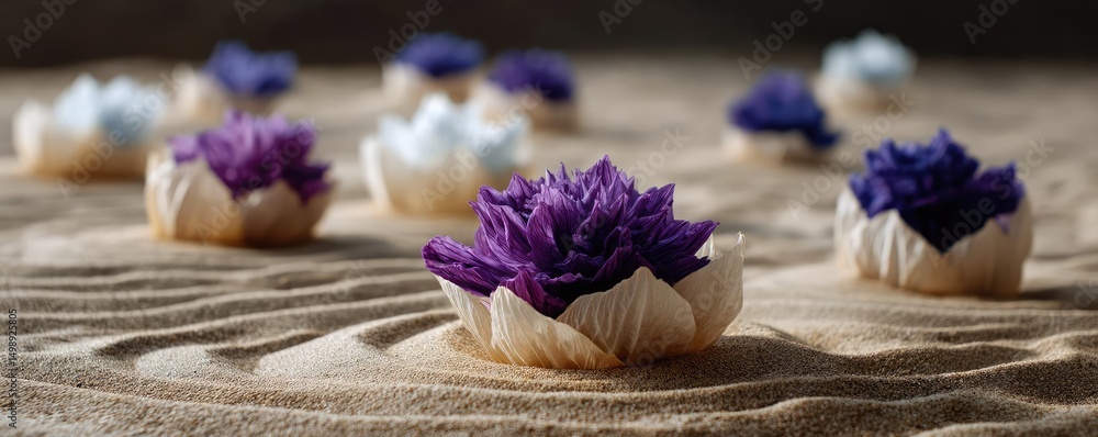 Poster Raked sand patterns in tranquility with lantern and lotus concept. Elegant flowers arranged on a textured surface in soothing colors.