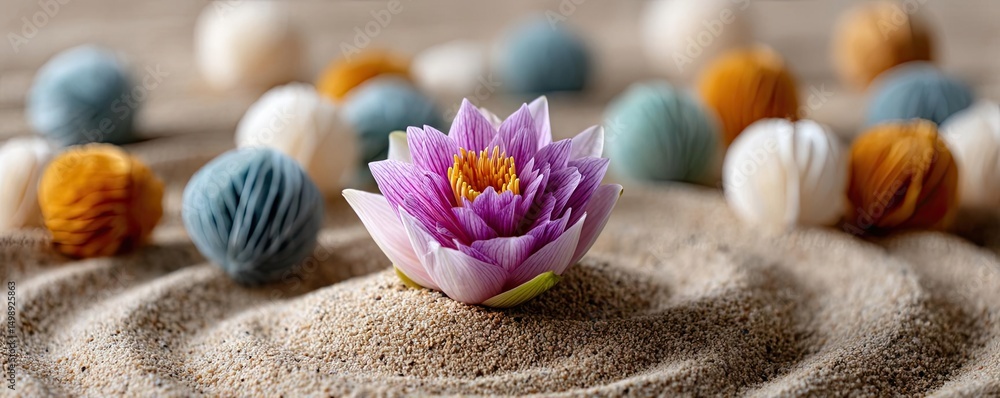 Poster raked sand patterns in tranquility with lantern and lotus concept. beautiful lotus flower on sand wi
