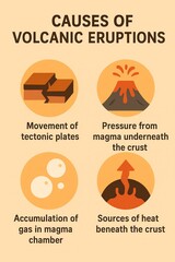 Scientific infographic illustration explaining the causes of volcanic eruptions.