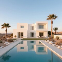 Fototapeta premium Modern White House with Swimming Pool and Palm Trees