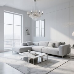 Modern Living Room with White Sofa and Chandelier