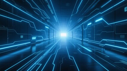 A futuristic tunnel with glowing blue lines and circuits
