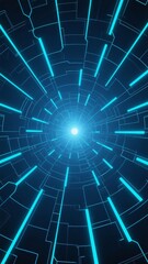 Fototapeta premium A futuristic tunnel with glowing blue lines converging towards a bright light at the center